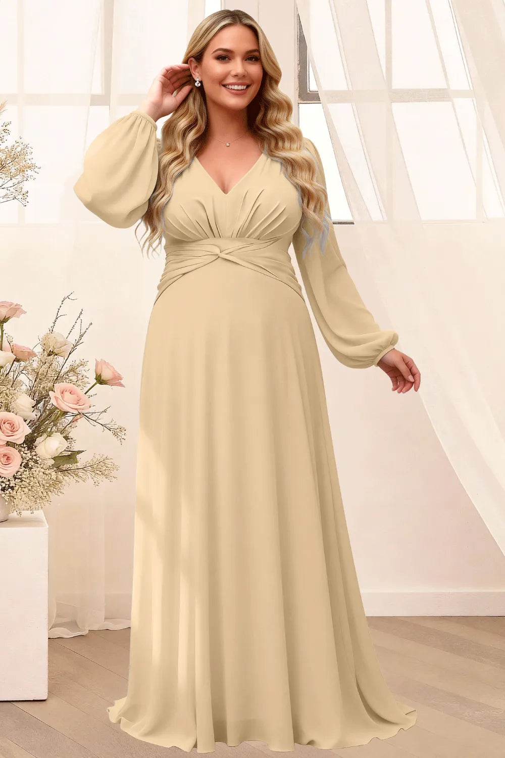 Sophisticated V-Neck Long Sleeve Flowing Formal Gown