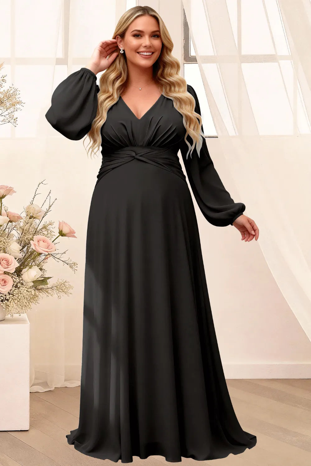 Sophisticated V-Neck Long Sleeve Flowing Formal Gown