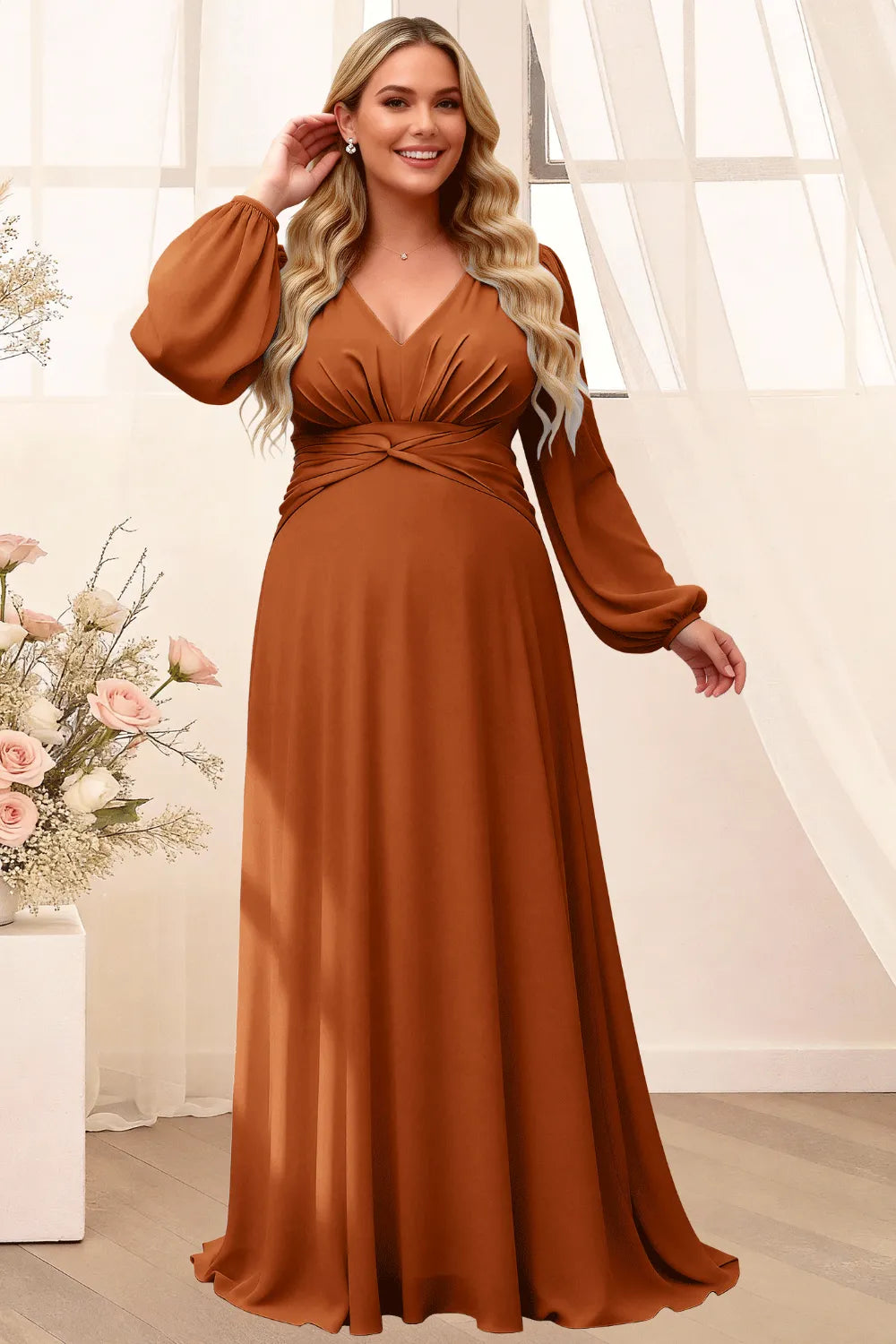 Sophisticated V-Neck Long Sleeve Flowing Formal Gown