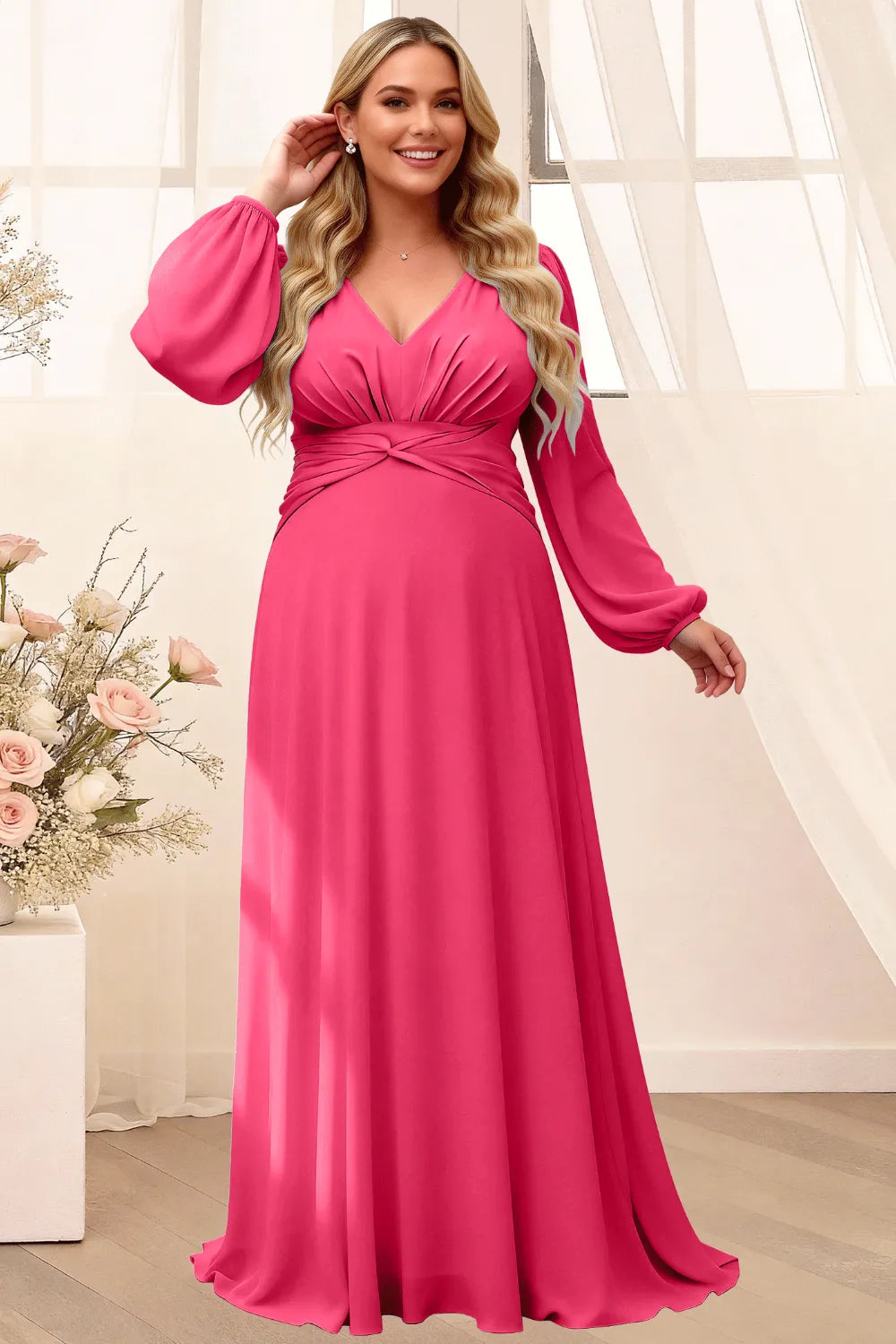 Sophisticated V-Neck Long Sleeve Flowing Formal Gown