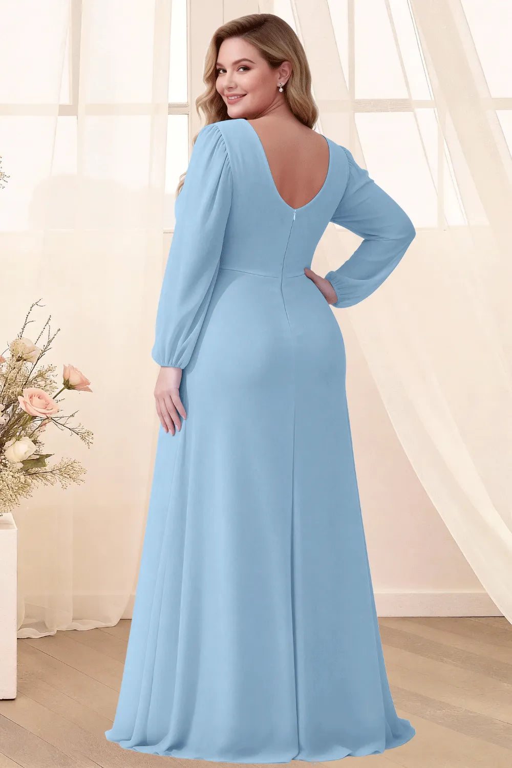 Sophisticated V-Neck Long Sleeve Flowing Formal Gown