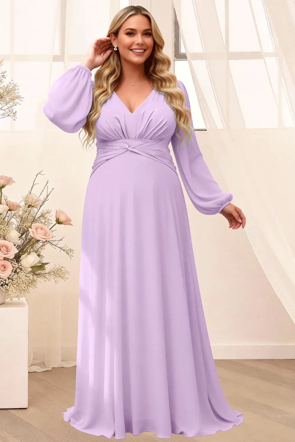 Sophisticated V-Neck Long Sleeve Flowing Formal Gown