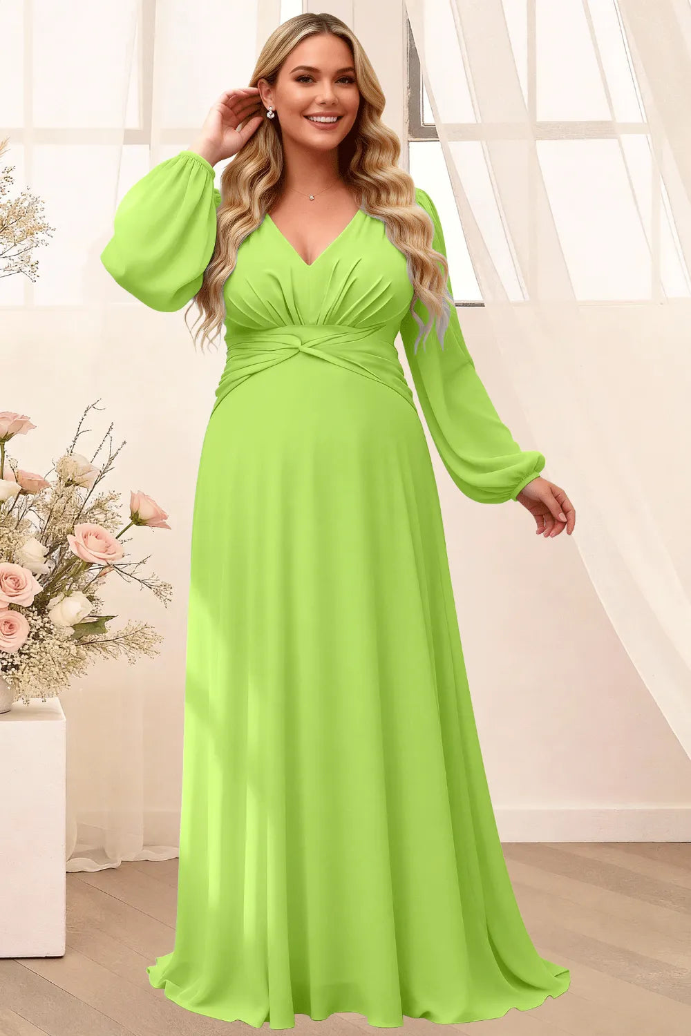 Sophisticated V-Neck Long Sleeve Flowing Formal Gown