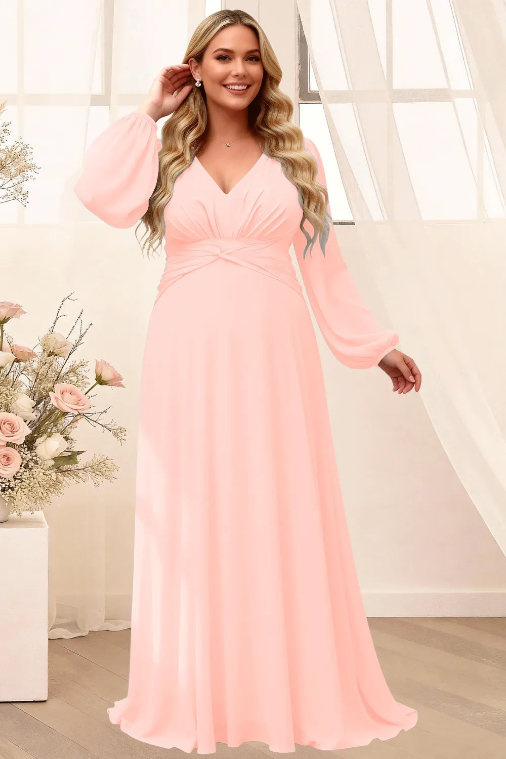 Sophisticated V-Neck Long Sleeve Flowing Formal Gown