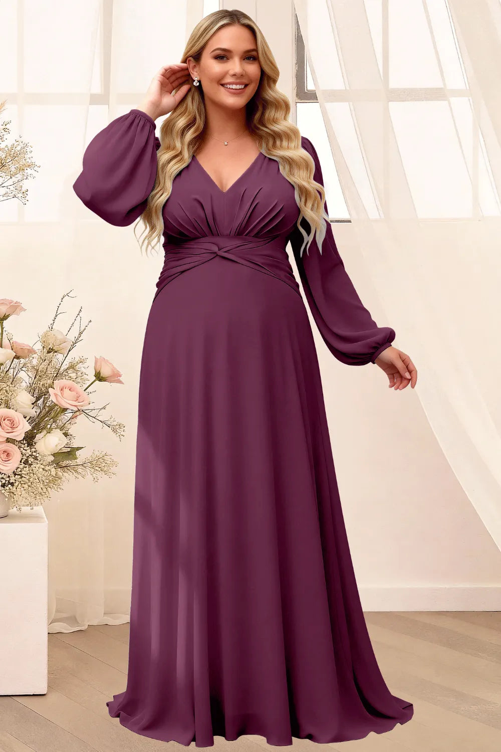 Sophisticated V-Neck Long Sleeve Flowing Formal Gown