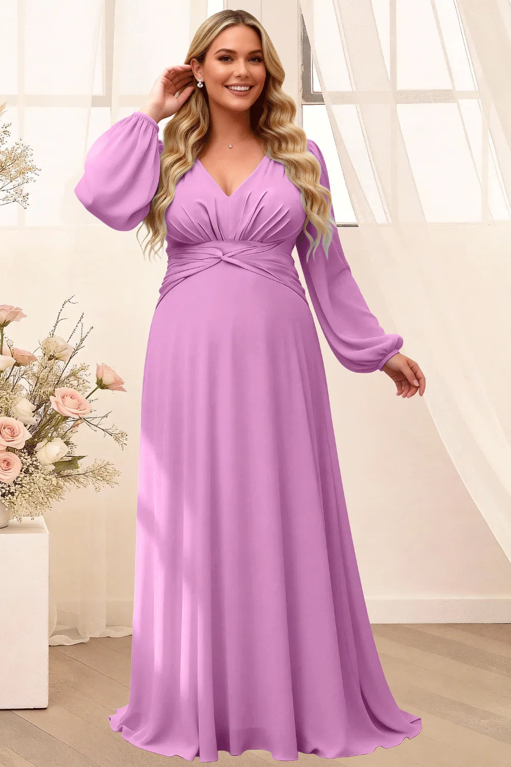 Sophisticated V-Neck Long Sleeve Flowing Formal Gown