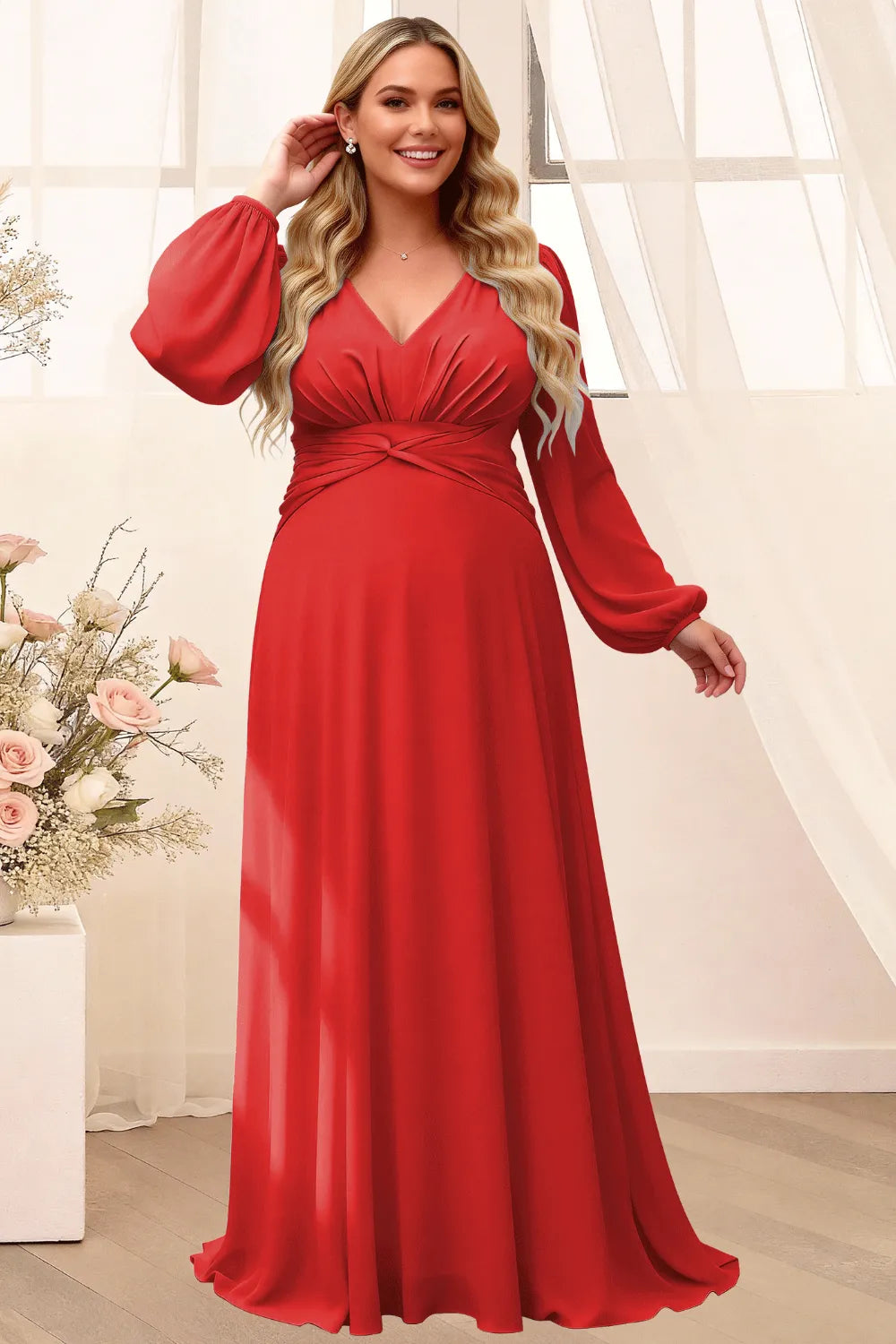 Sophisticated V-Neck Long Sleeve Flowing Formal Gown
