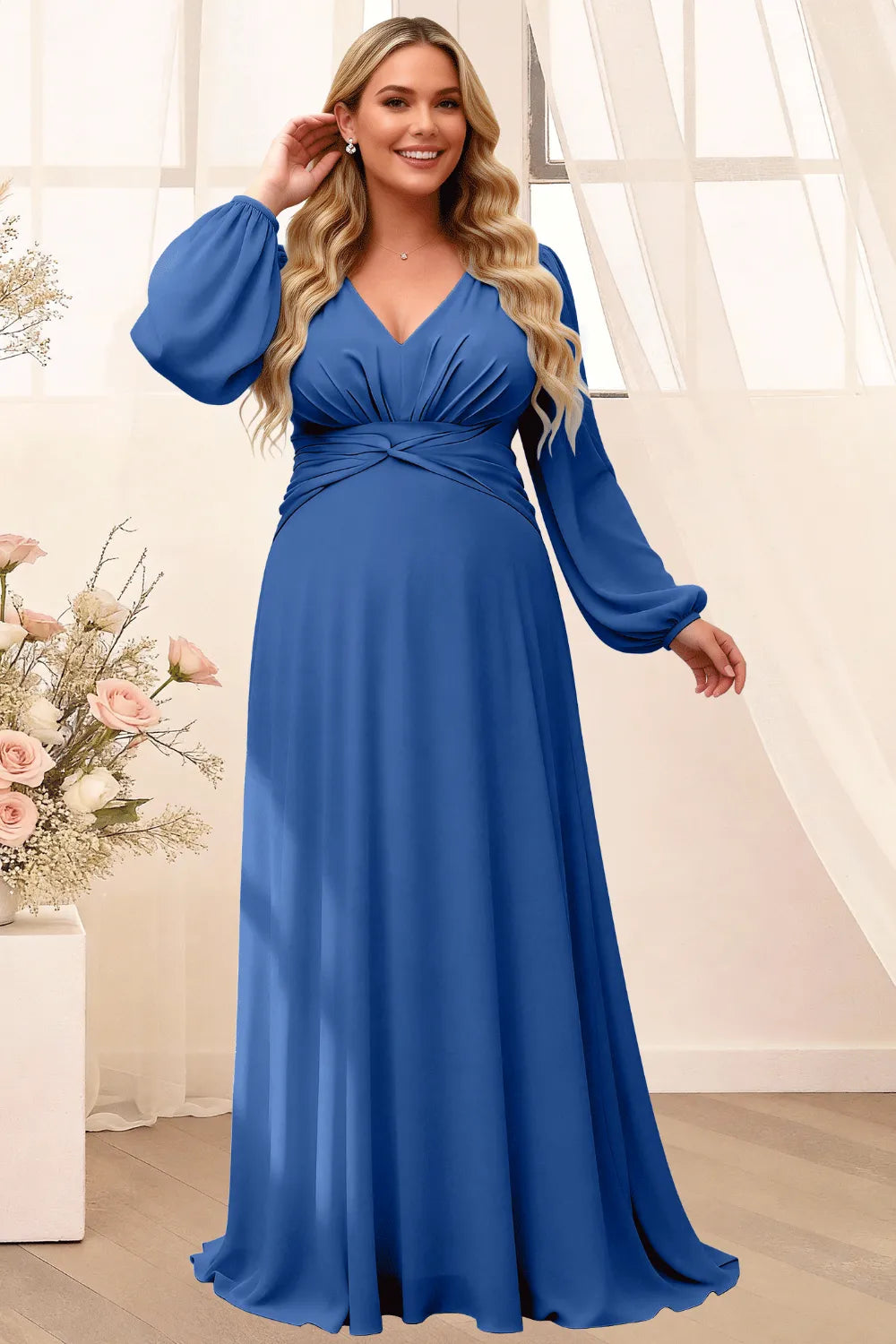 Sophisticated V-Neck Long Sleeve Flowing Formal Gown