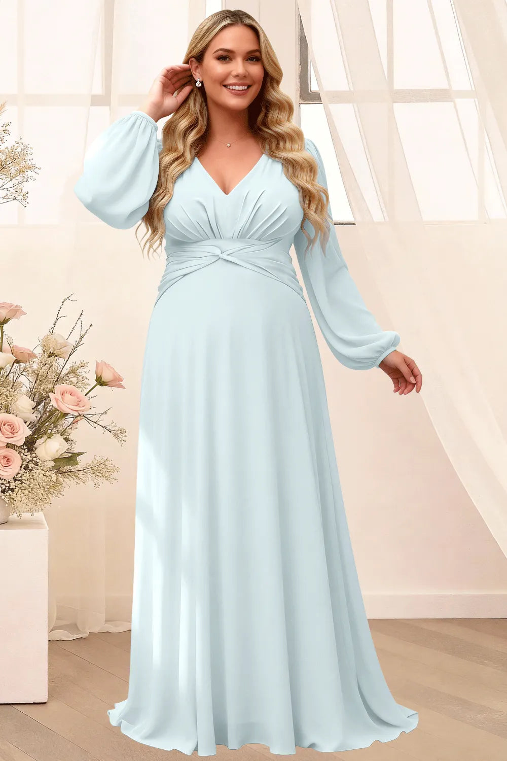 Sophisticated V-Neck Long Sleeve Flowing Formal Gown