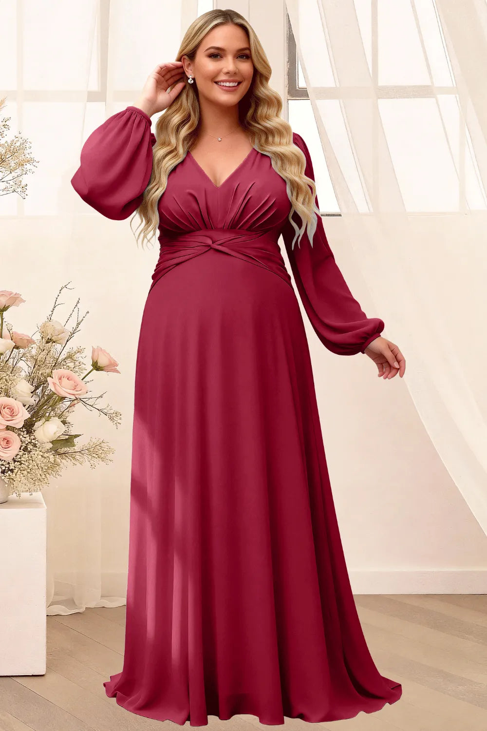 Sophisticated V-Neck Long Sleeve Flowing Formal Gown