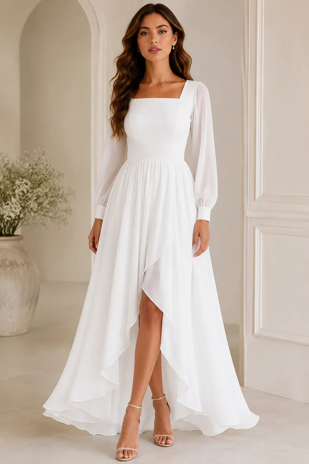Long Sleeve Chiffon High-Low Wedding Guest Dress