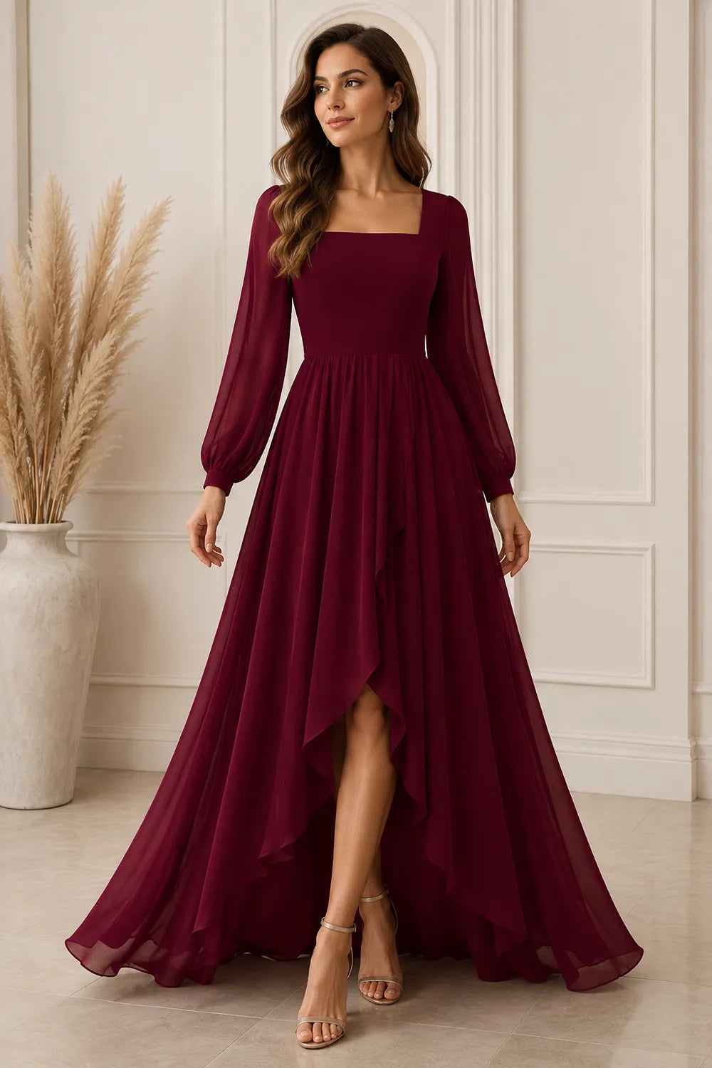 Long Sleeve Chiffon High-Low Wedding Guest Dress