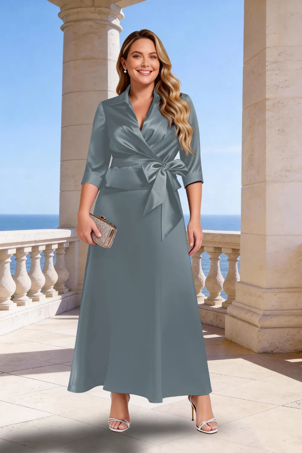 Graceful Satin Wrap Maxi Dress with Collar