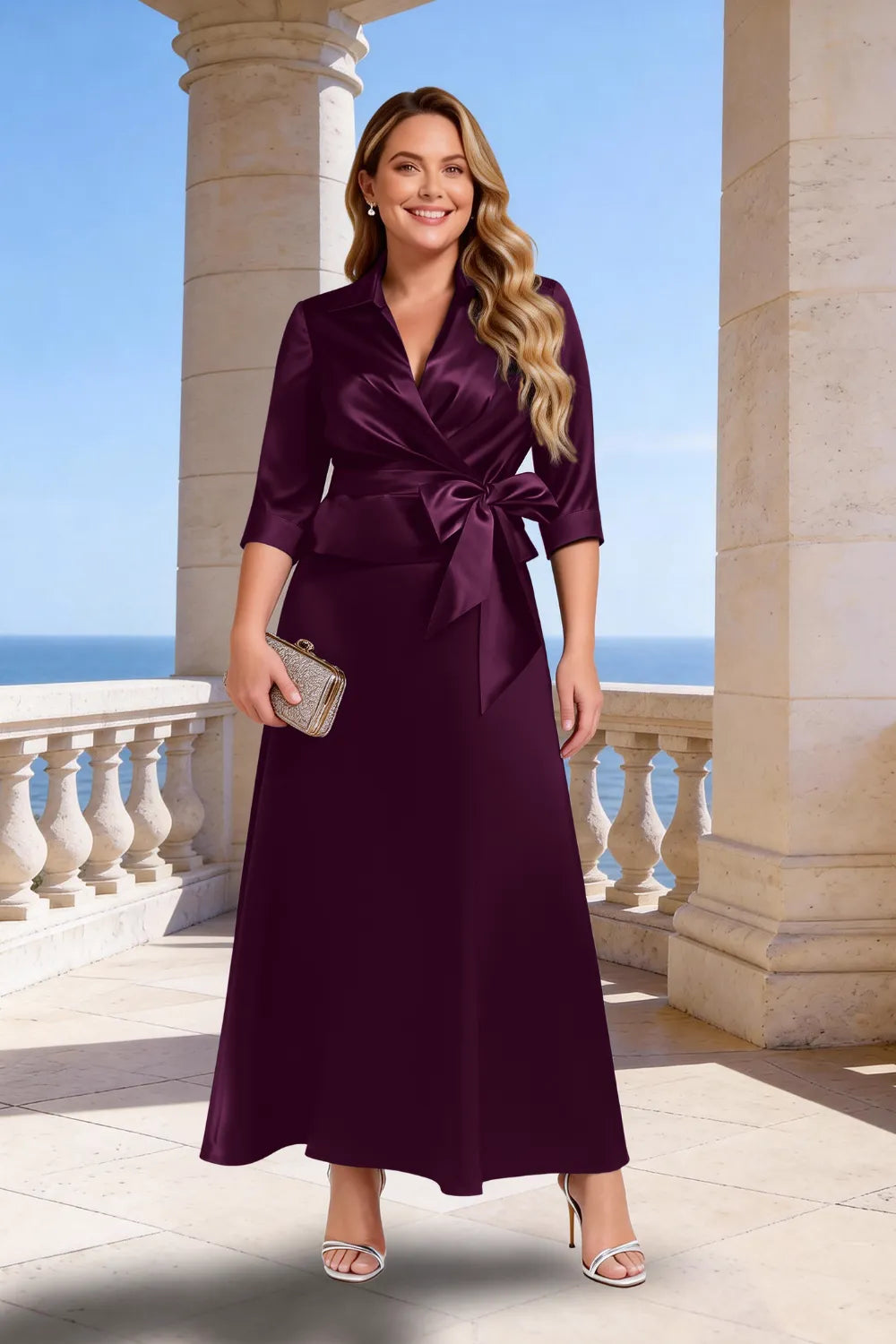 Graceful Satin Wrap Maxi Dress with Collar