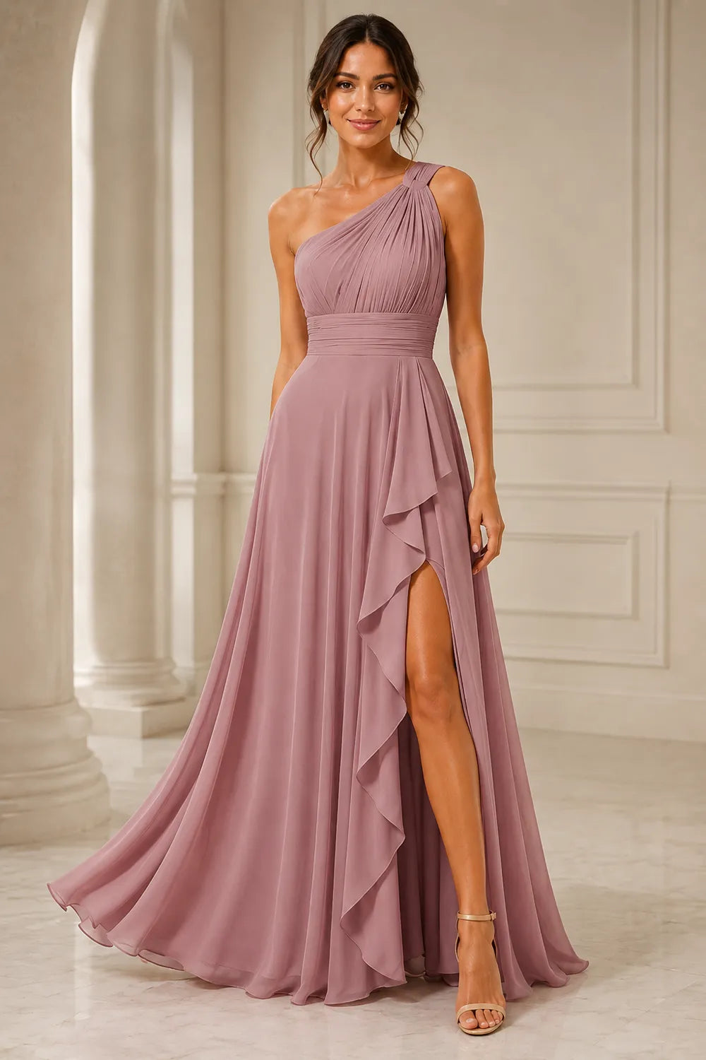 One Shoulder Chiffon Formal Dress with Slit