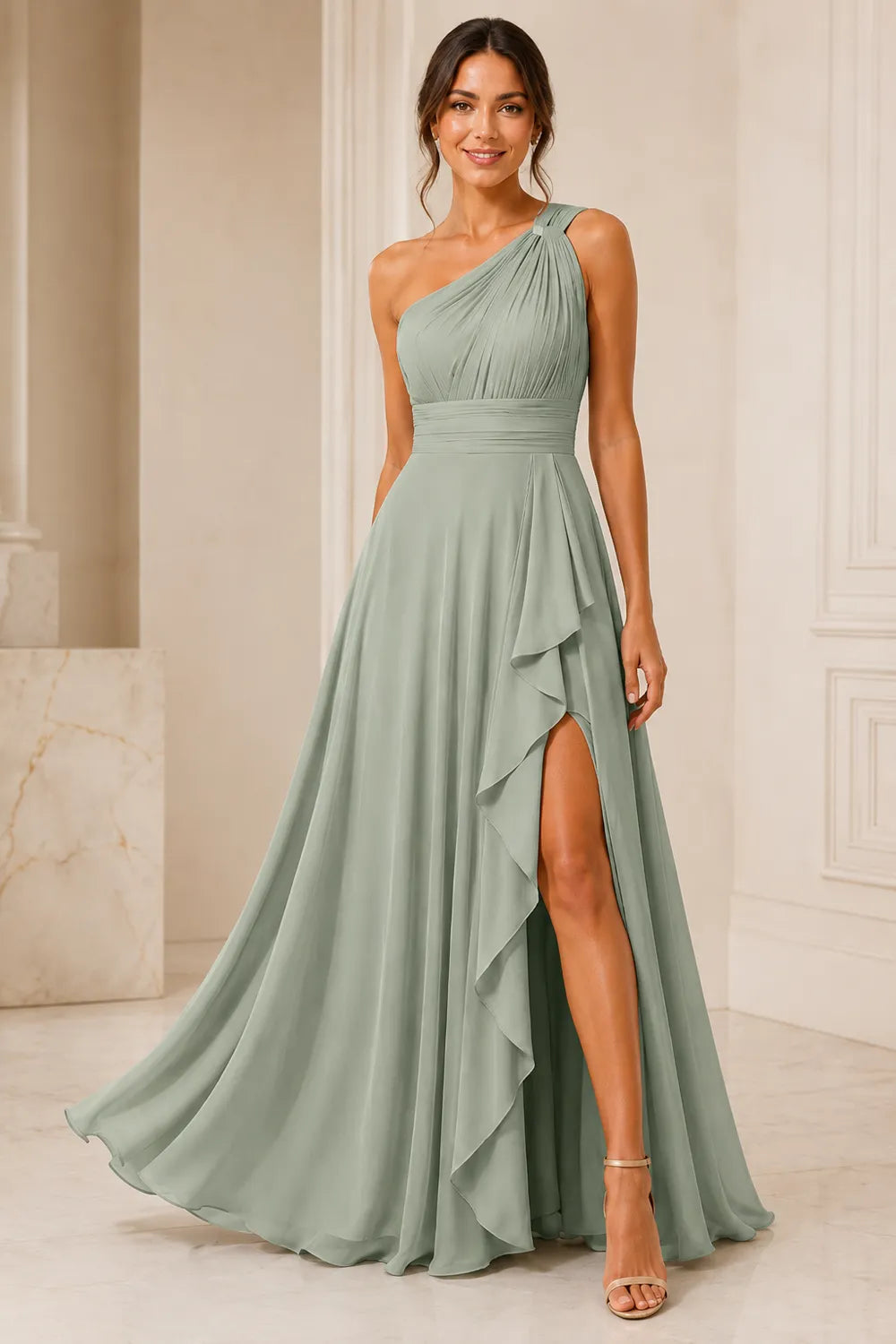 One Shoulder Chiffon Formal Dress with Slit