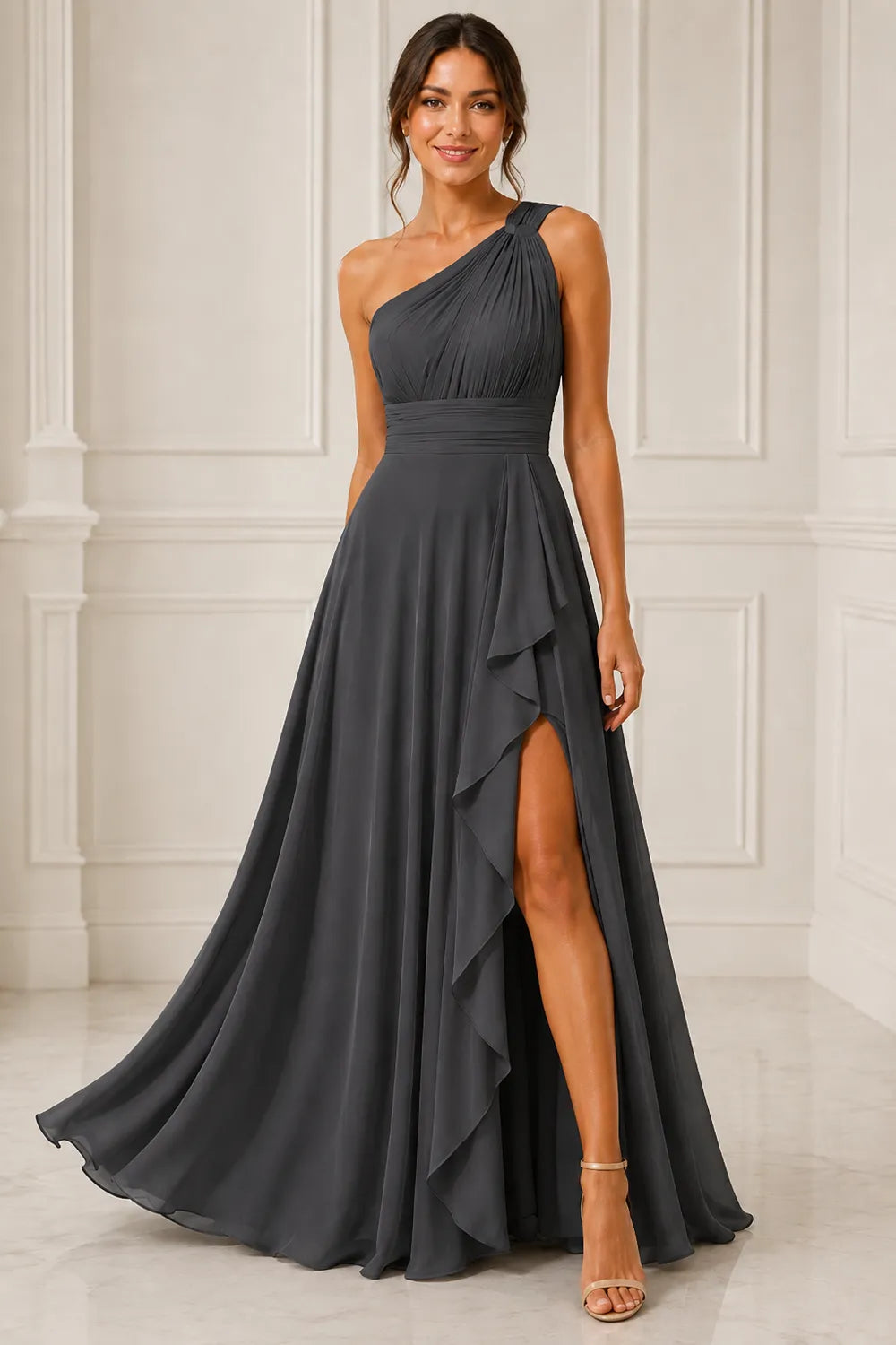 One Shoulder Chiffon Formal Dress with Slit