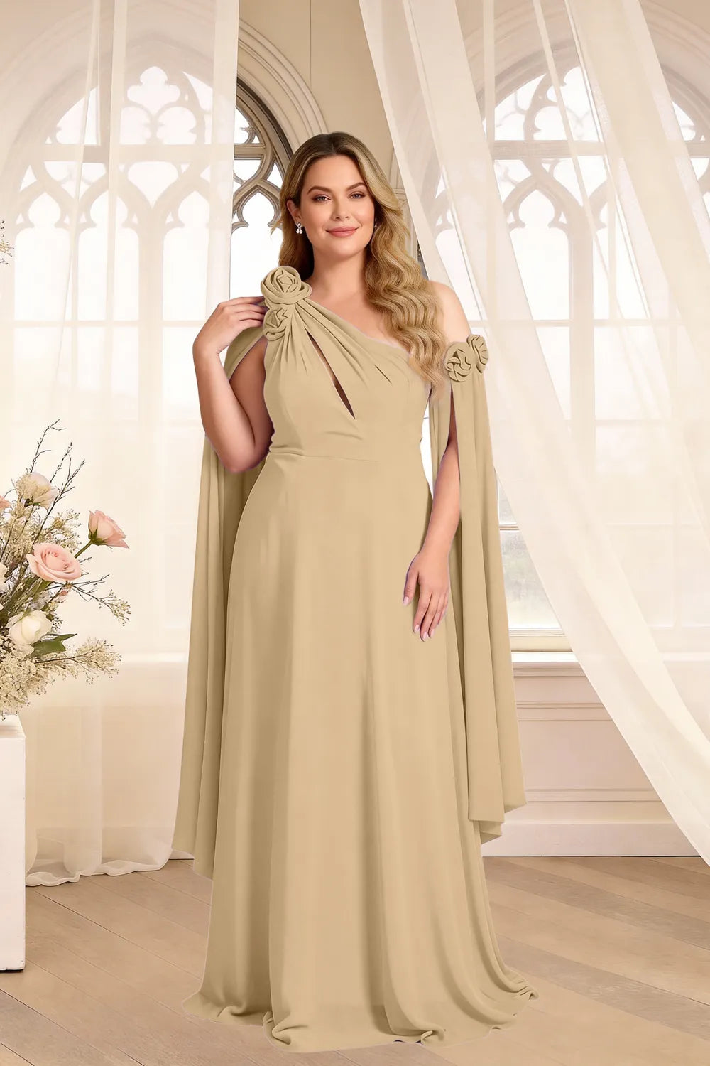 Floral Shoulder Cape A-Line Evening Gown