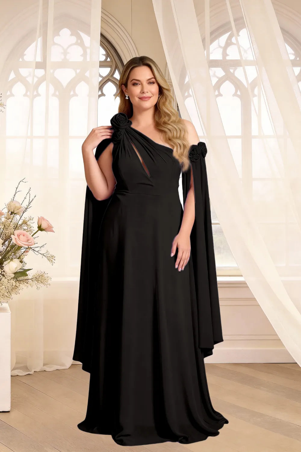 Floral Shoulder Cape A-Line Evening Gown