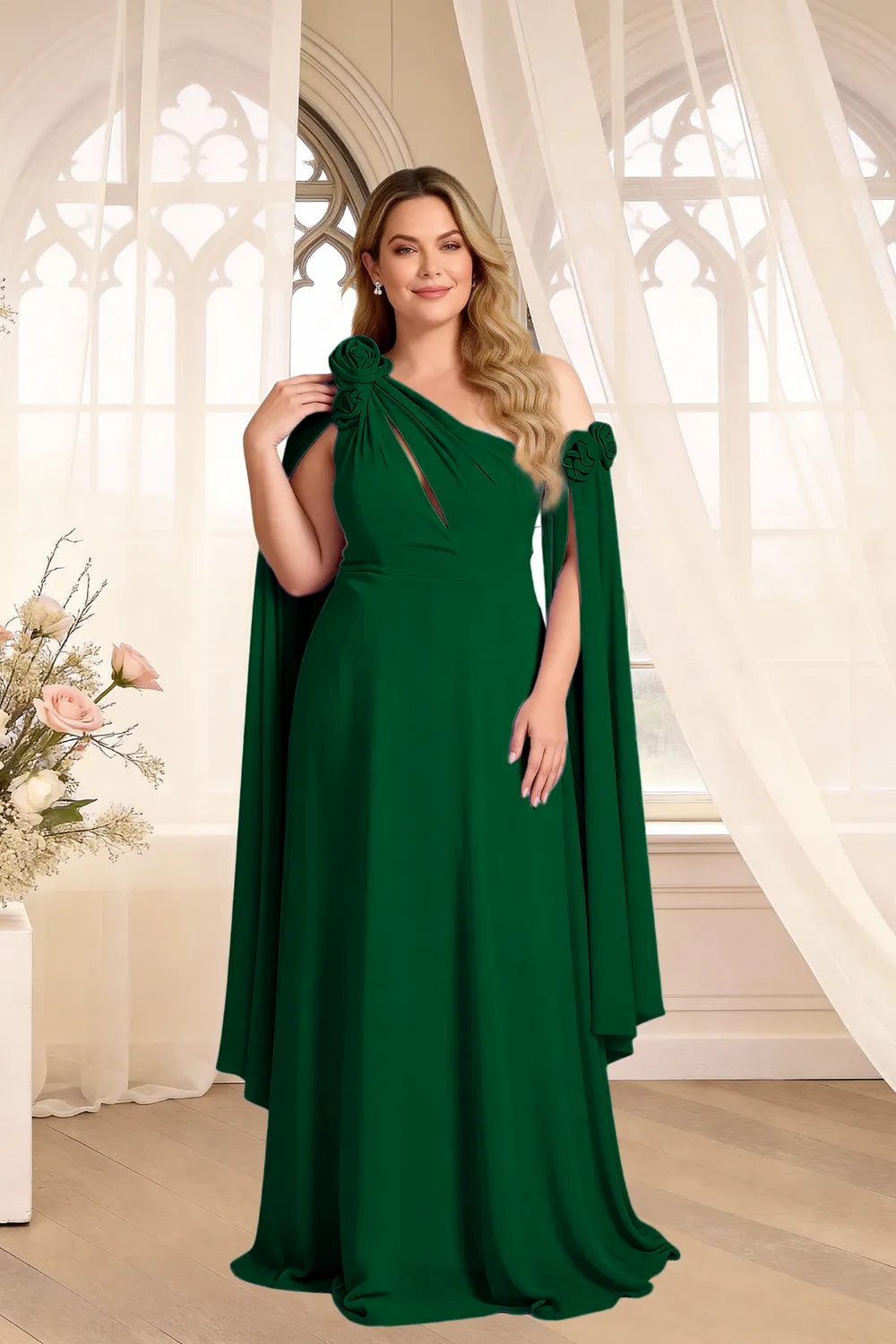 Floral Shoulder Cape A-Line Evening Gown