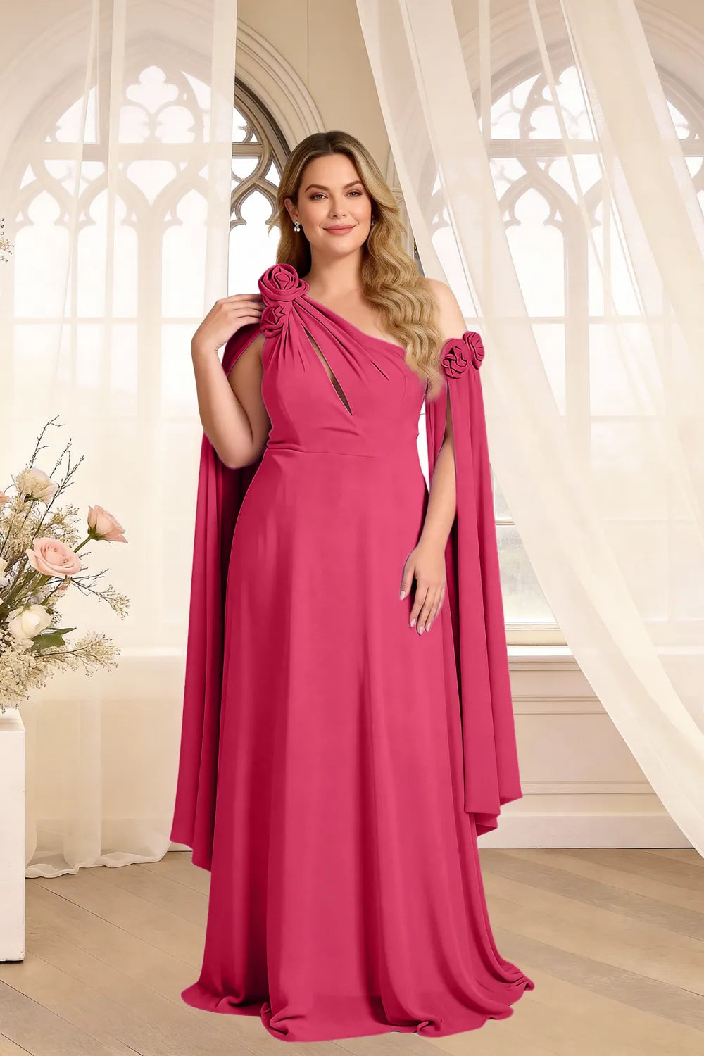 Floral Shoulder Cape A-Line Evening Gown