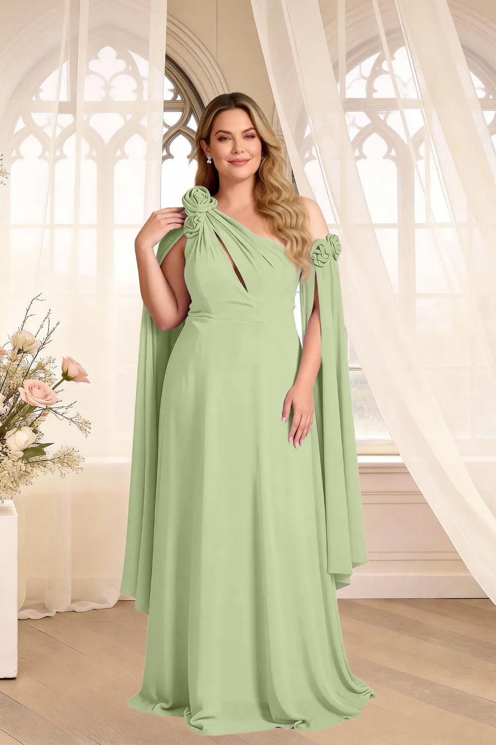 Floral Shoulder Cape A-Line Evening Gown