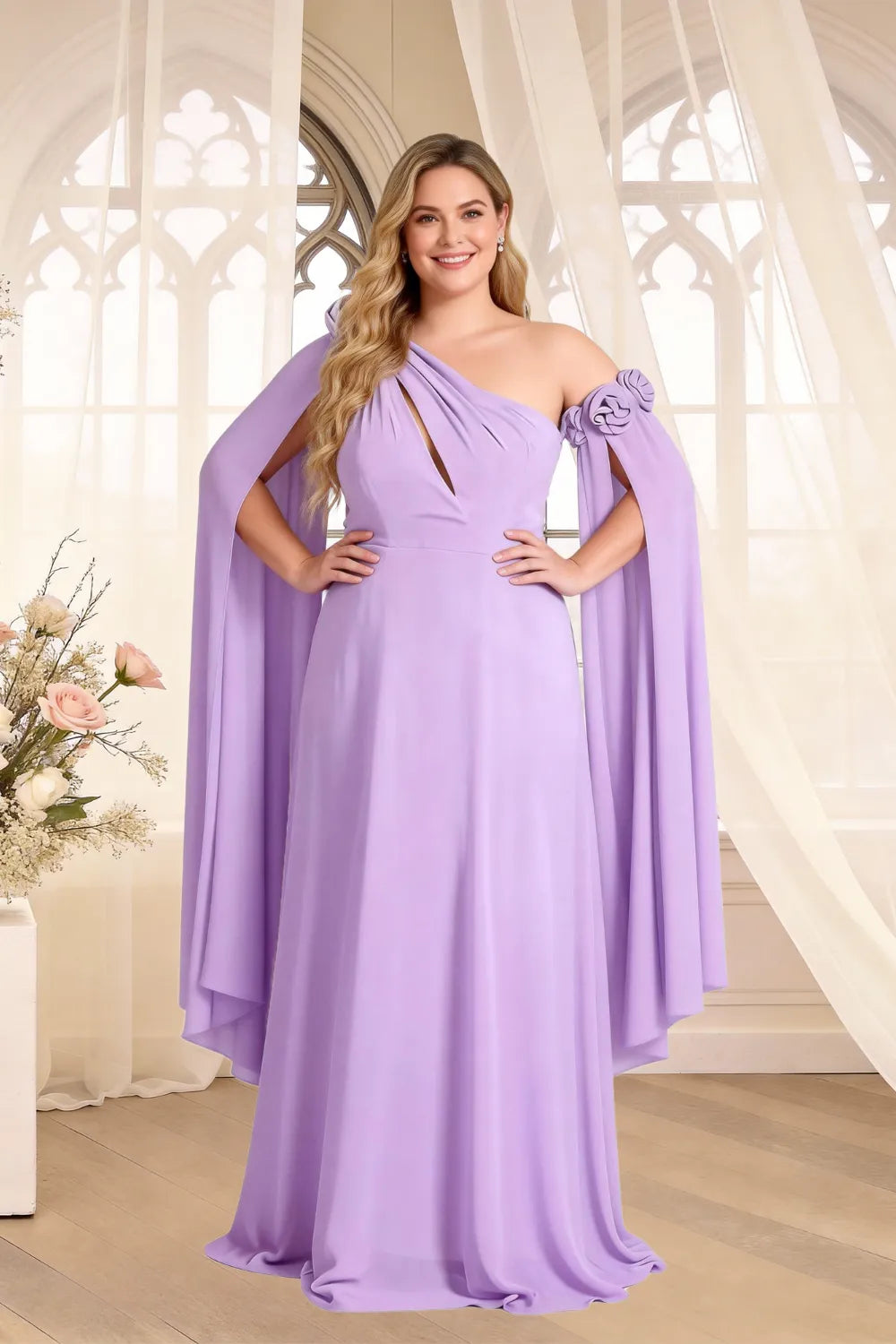 Floral Shoulder Cape A-Line Evening Gown