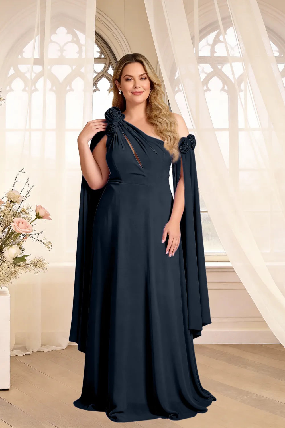 Floral Shoulder Cape A-Line Evening Gown
