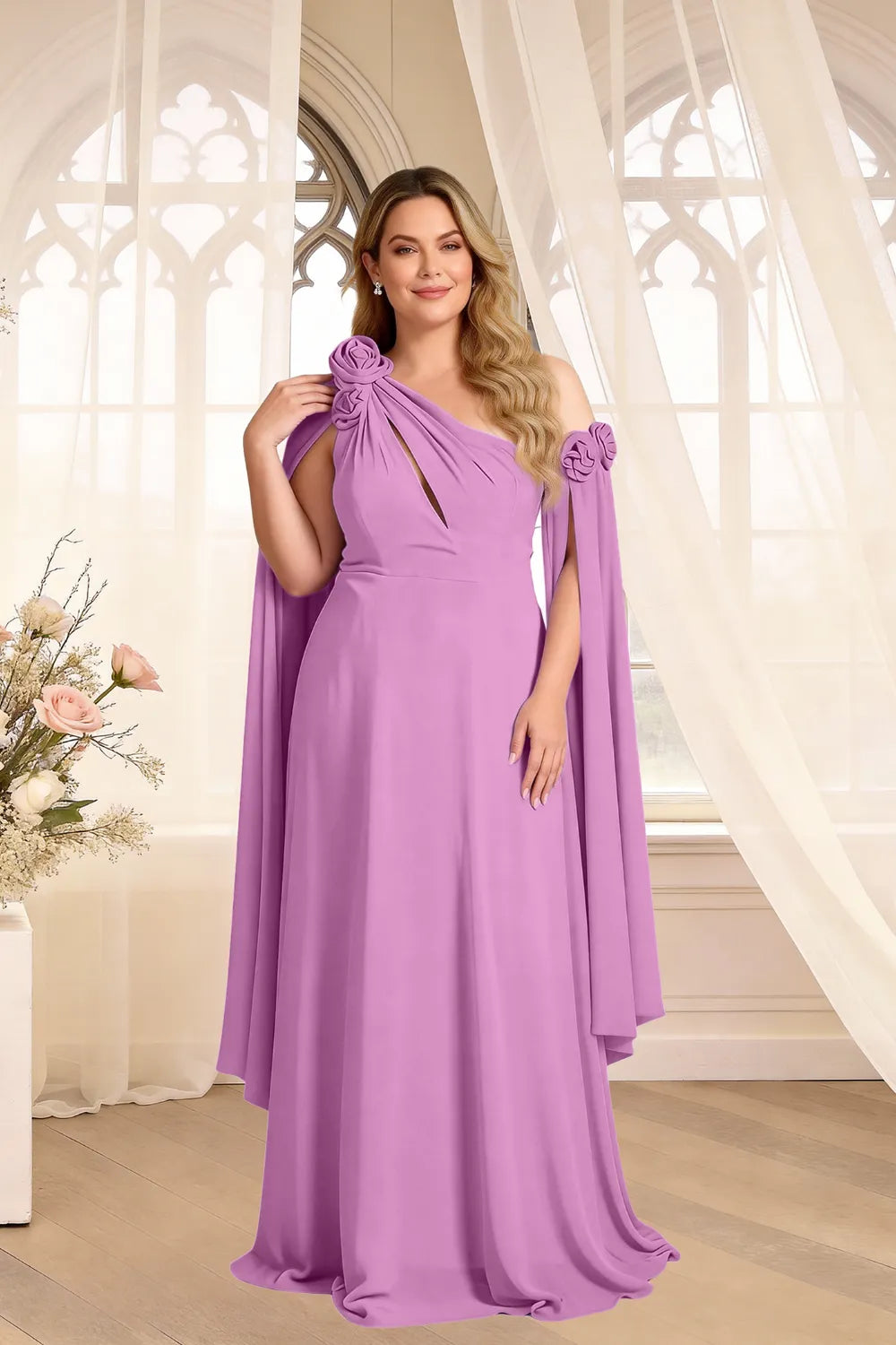 Floral Shoulder Cape A-Line Evening Gown