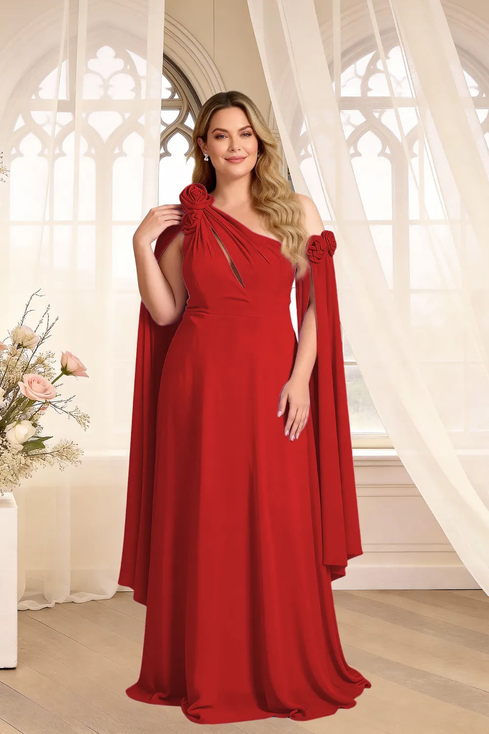 Floral Shoulder Cape A-Line Evening Gown