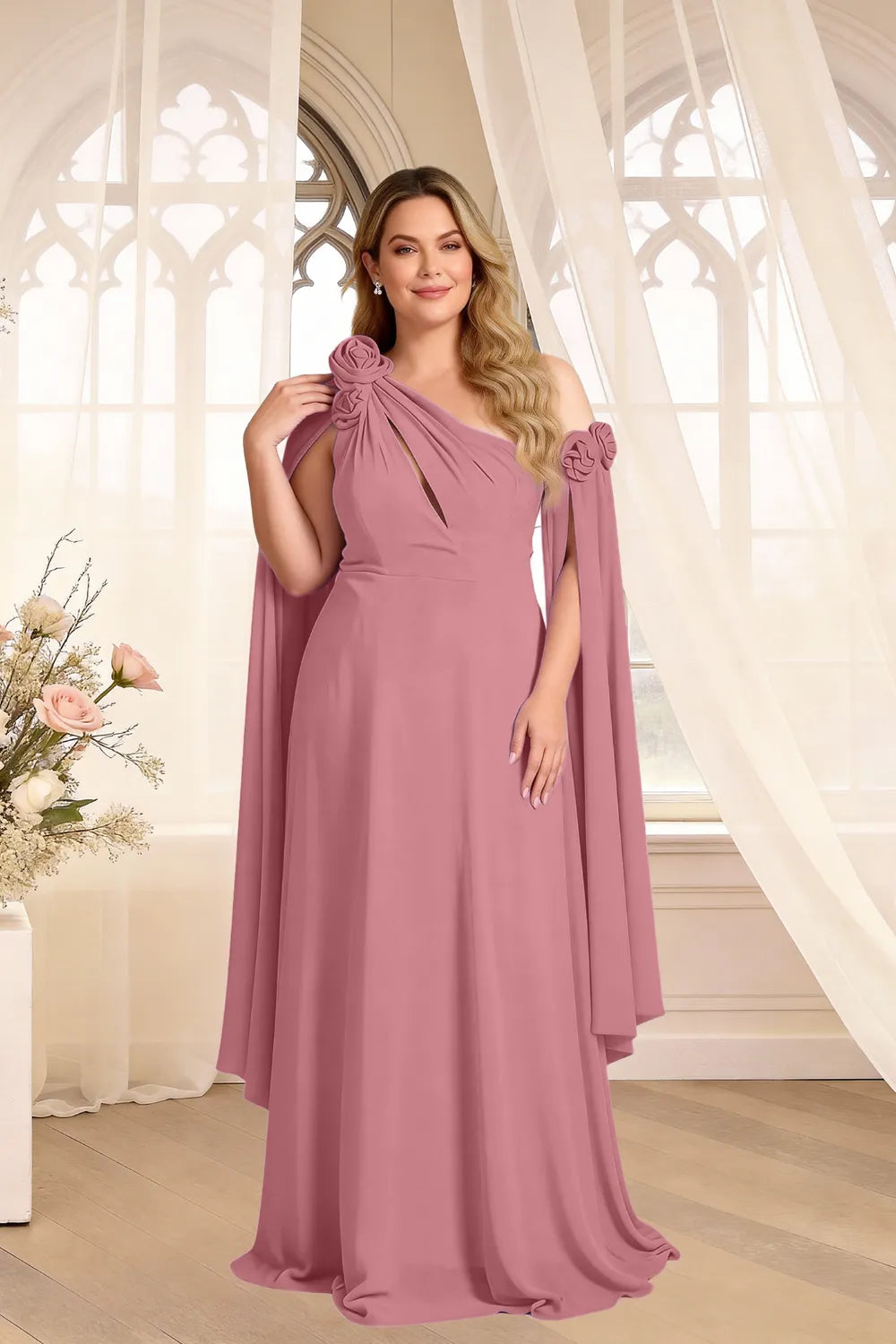 Floral Shoulder Cape A-Line Evening Gown