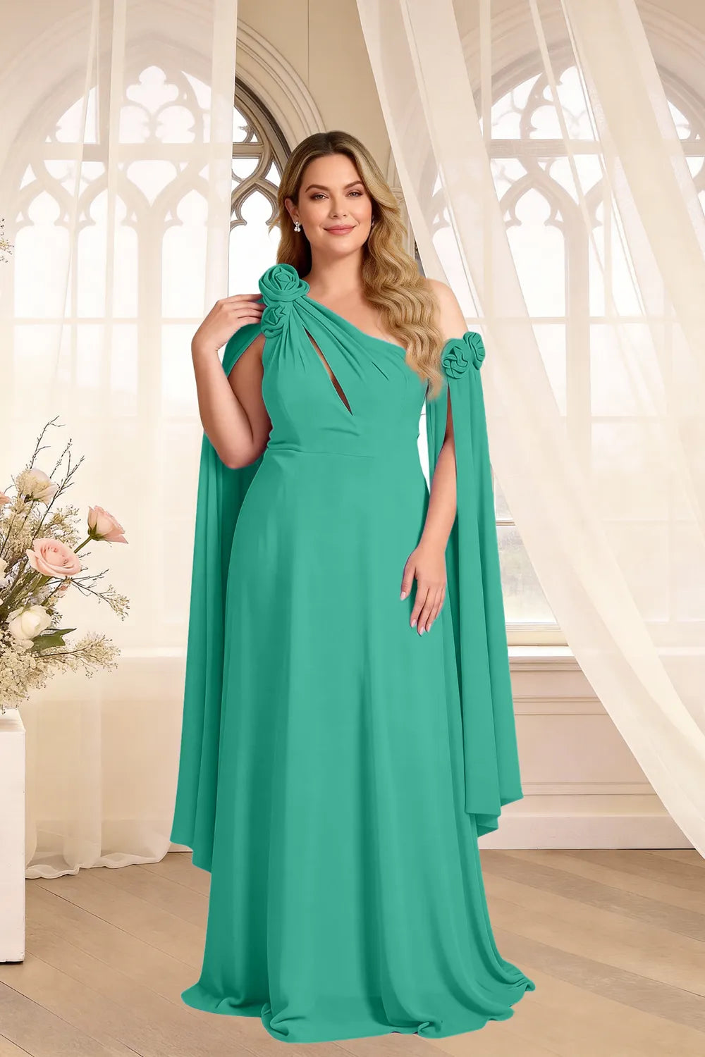 Floral Shoulder Cape A-Line Evening Gown