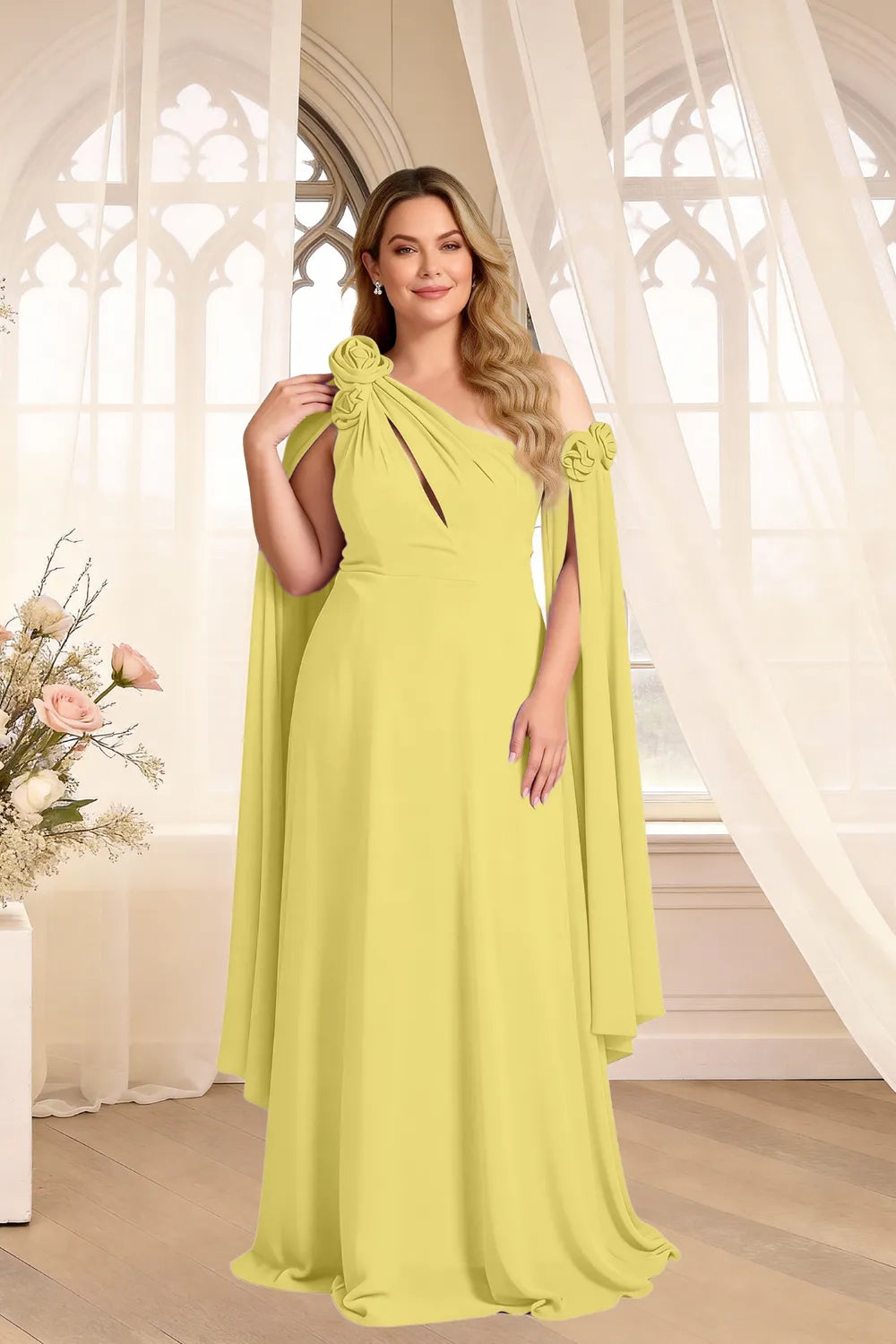 Floral Shoulder Cape A-Line Evening Gown