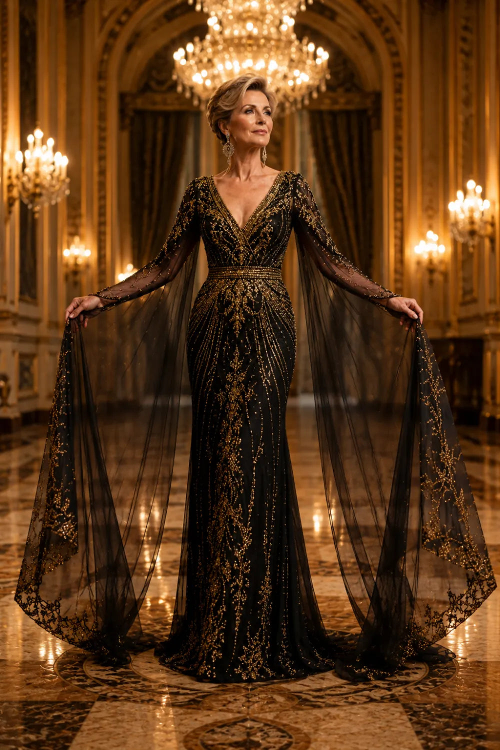 Luxury Black Evening Gown with Cape Hand Beaded Formal Dress