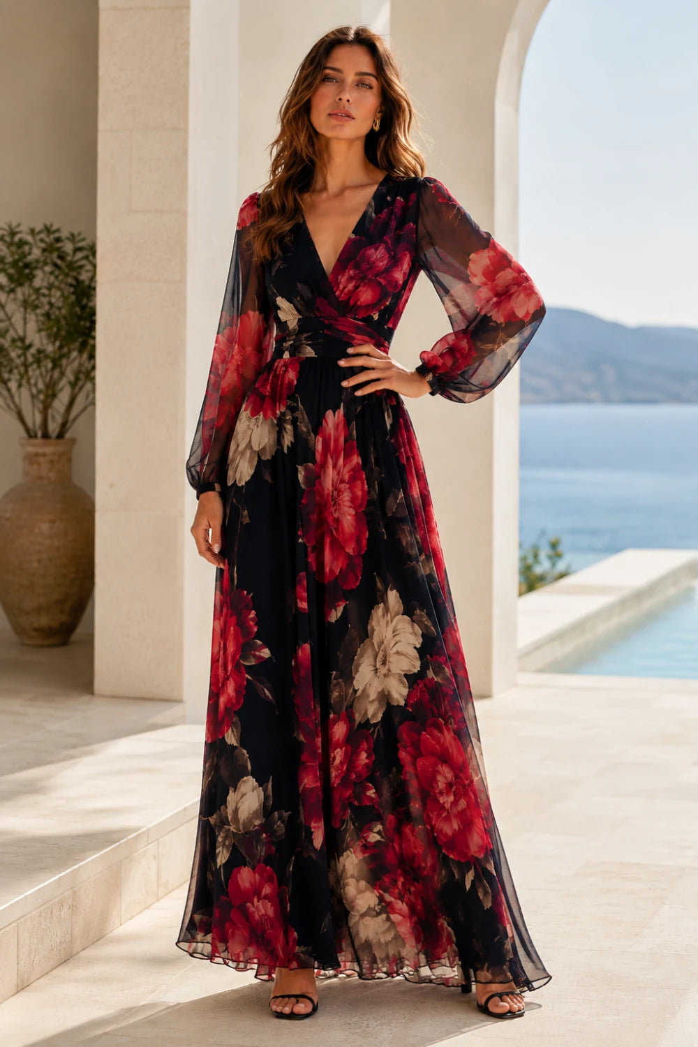 Black Red Floral V-Neck Long-Sleeve Chiffon Maxi Dress