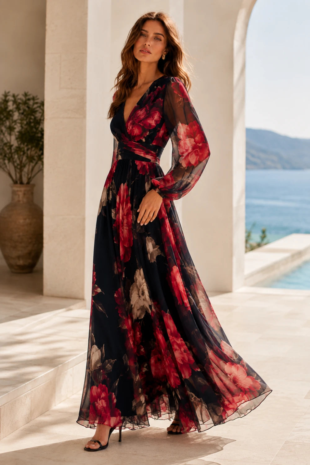 Black Red Floral V-Neck Long-Sleeve Chiffon Maxi Dress
