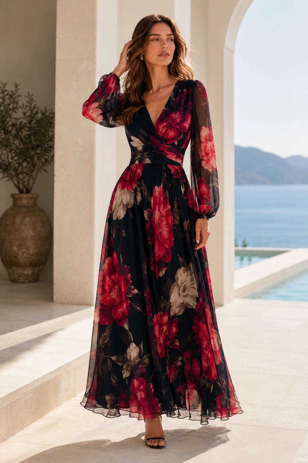 Black Red Floral V-Neck Long-Sleeve Chiffon Maxi Dress