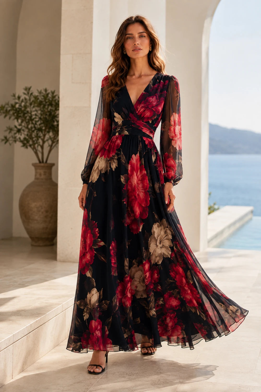 Black Red Floral V-Neck Long-Sleeve Chiffon Maxi Dress
