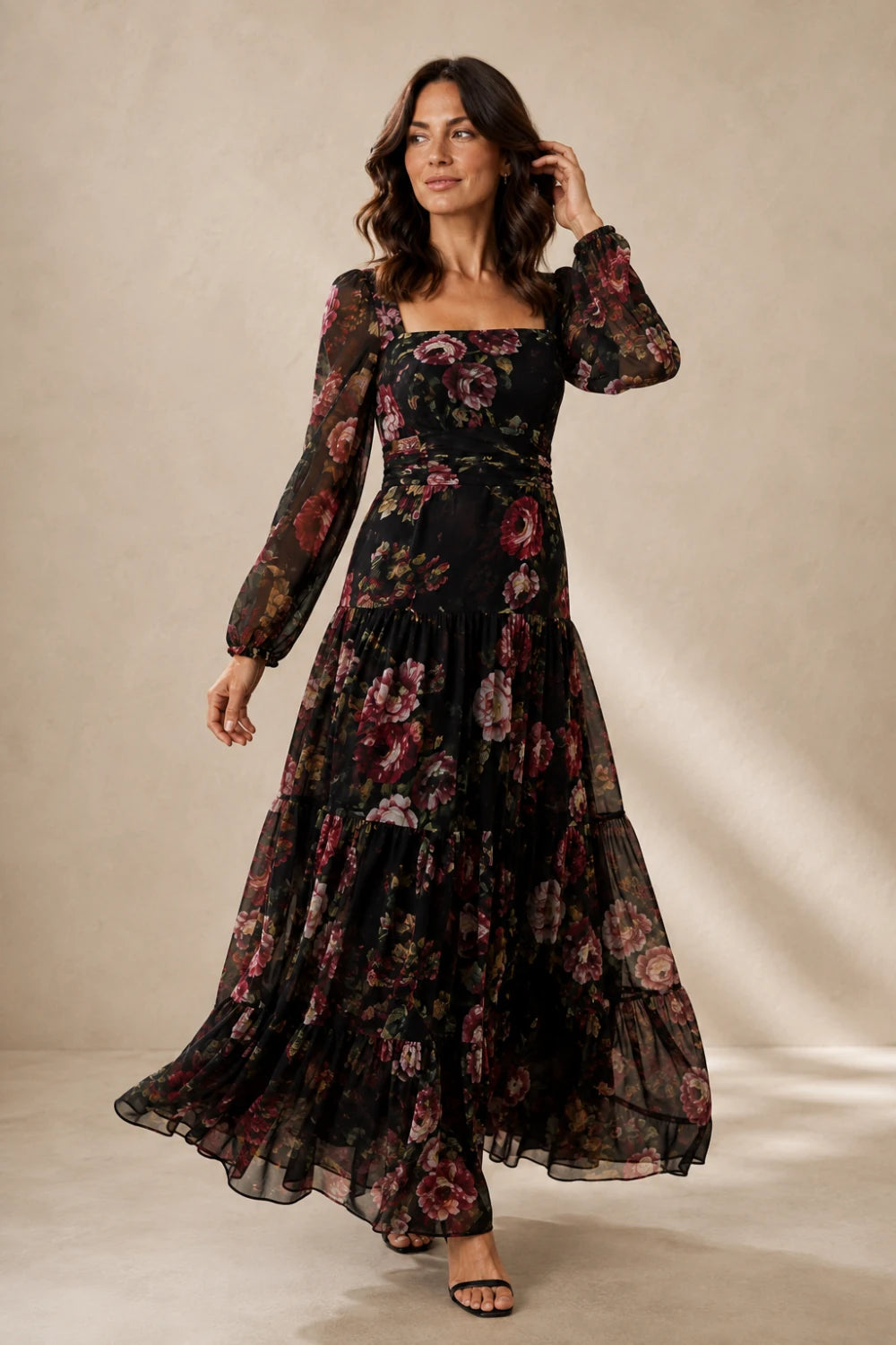 Black Rose Floral Square-Neck Tiered Chiffon Maxi Dress