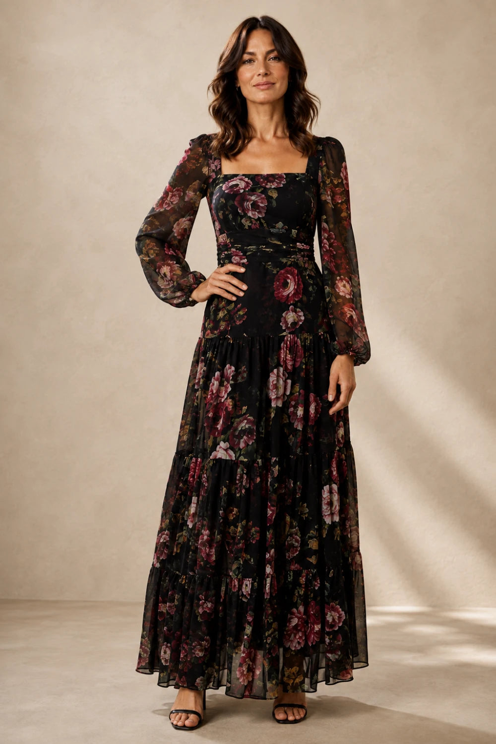 Black Rose Floral Square-Neck Tiered Chiffon Maxi Dress