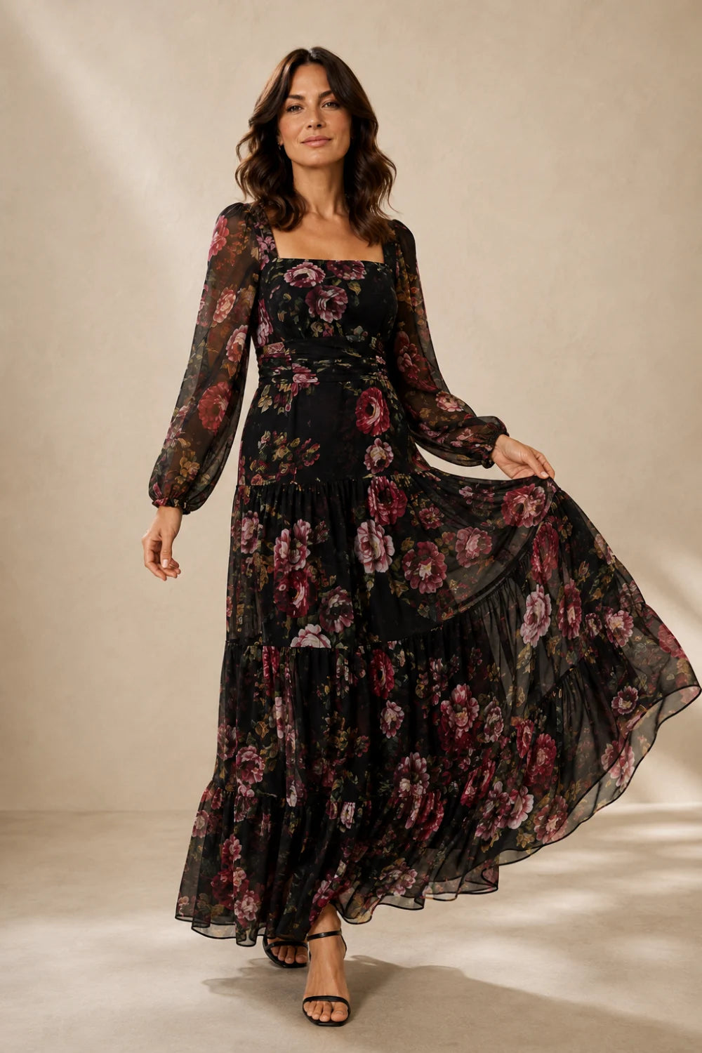 Black Rose Floral Square-Neck Tiered Chiffon Maxi Dress