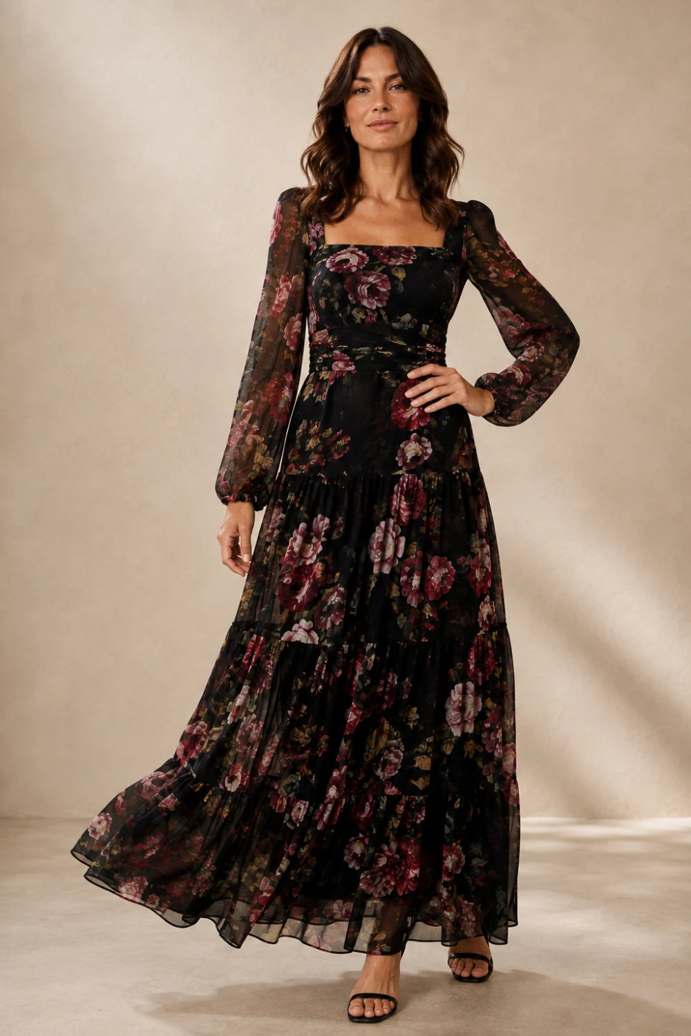 Black Rose Floral Square-Neck Tiered Chiffon Maxi Dress