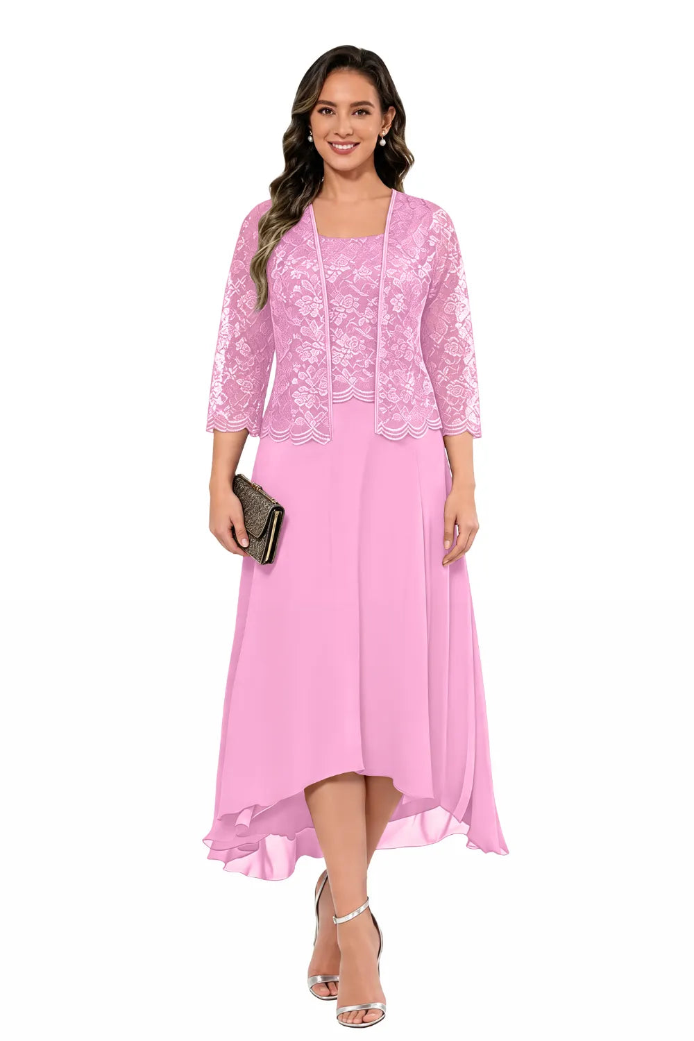 Elegant Lace Chiffon Midi Wedding Guest Dress with Jacket