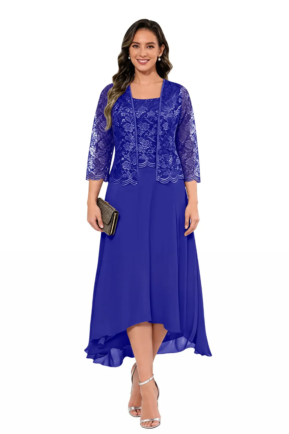Elegant Lace Chiffon Midi Wedding Guest Dress with Jacket