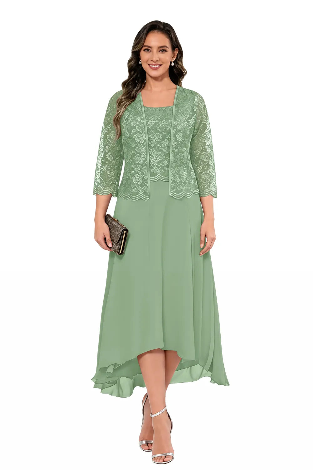 Elegant Lace Chiffon Midi Wedding Guest Dress with Jacket