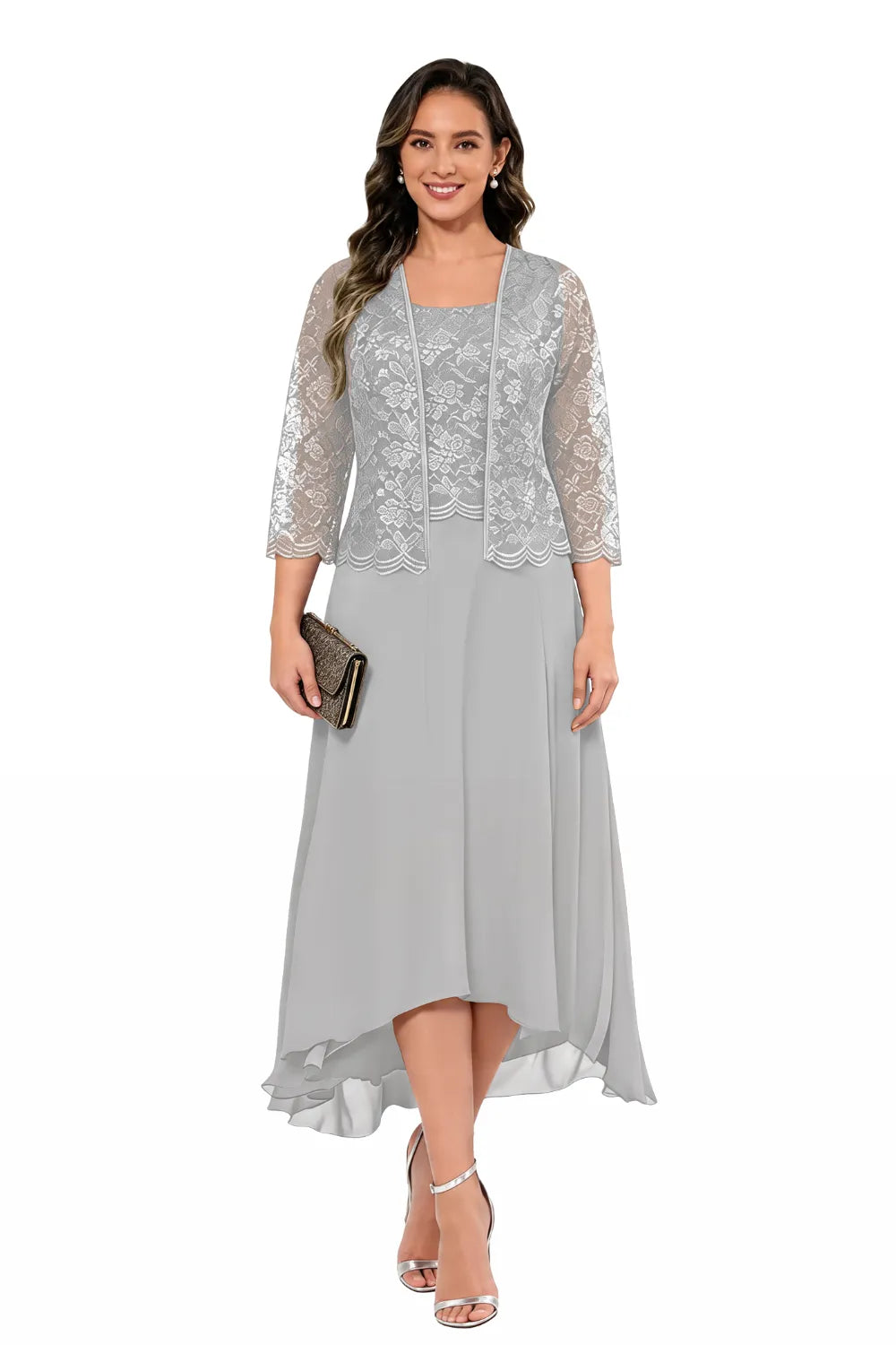 Elegant Lace Chiffon Midi Wedding Guest Dress with Jacket