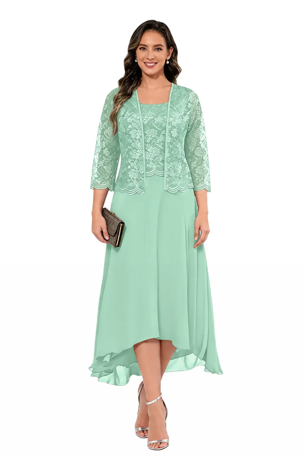 Elegant Lace Chiffon Midi Wedding Guest Dress with Jacket