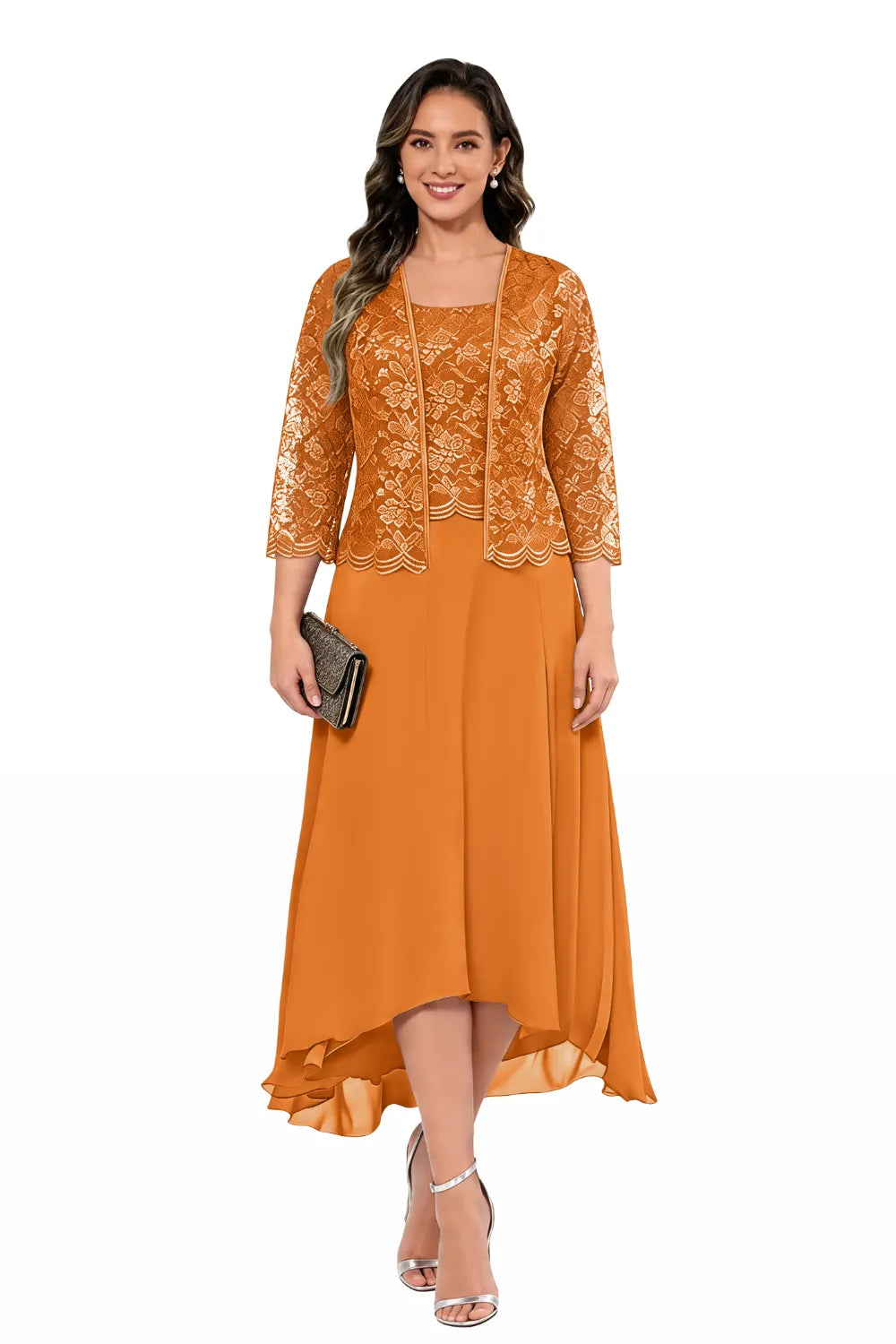 Elegant Lace Chiffon Midi Wedding Guest Dress with Jacket