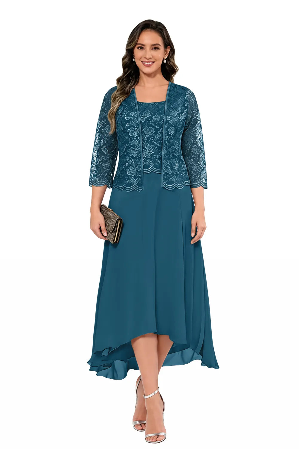 Elegant Lace Chiffon Midi Wedding Guest Dress with Jacket