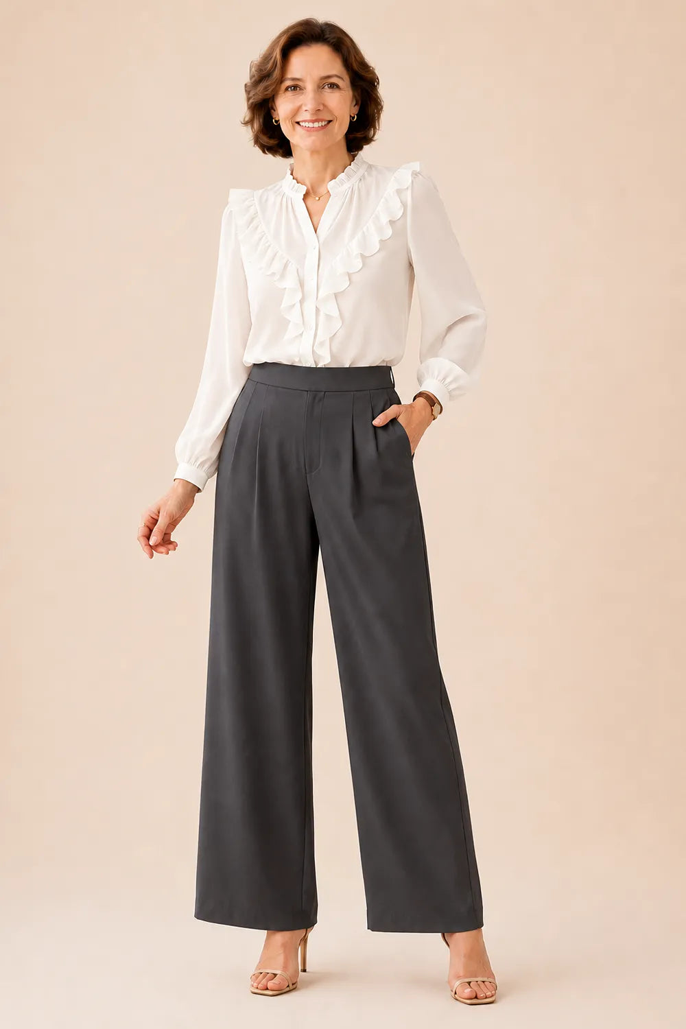 Elegant Ruffle Chiffon Blouse and Wide Leg Pant Set